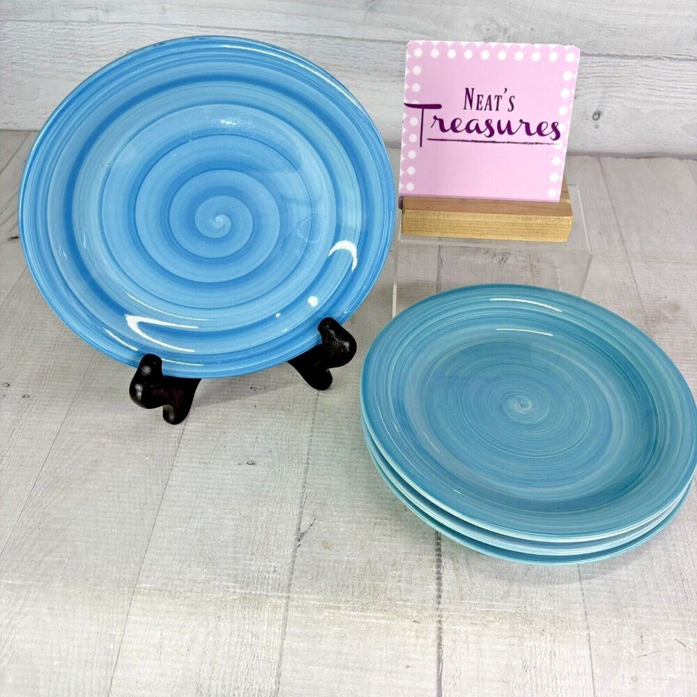 Citrus Grove AQUA BLUE SWIRL C8G2 Hand Paint Stoneware Salad Plate Set Of 4